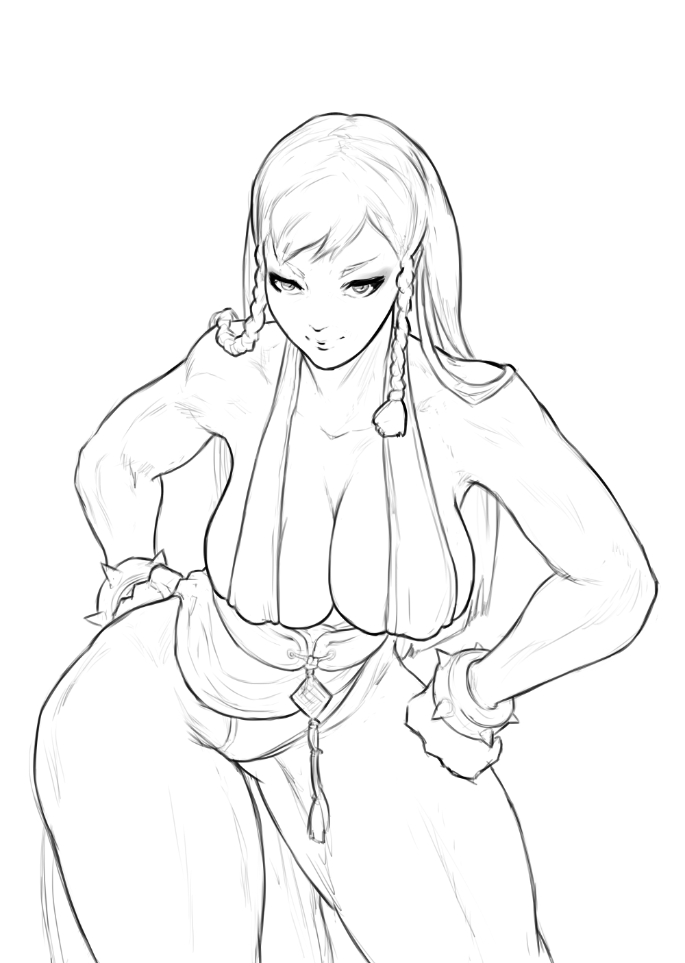 1girl 1girl alternate_costume big_breasts capcom chun-li cleavage cutesexyrobutts hand_on_hip looking_at_viewer monochrome spiked_bracelet standing street_fighter thick_thighs thighs