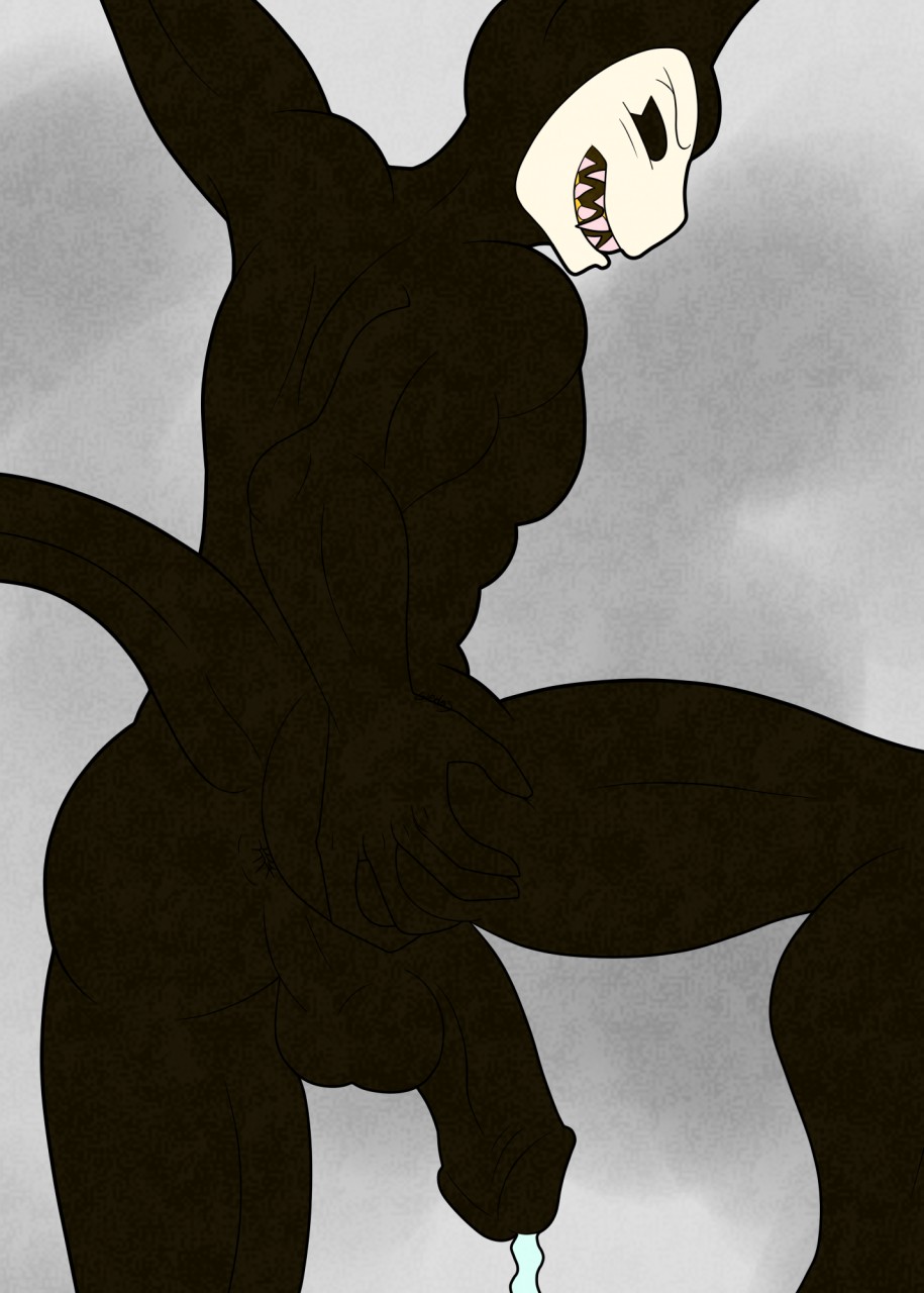 anthro bendy_(batim) bendy_(bendy_and_the_ink_machine) bendy_and_the_ink_machine big_penis cum cumming grinning horny muscular nude stud