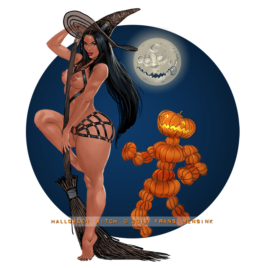 1girl 2017 breasts broom feet female frans_mensink full_moon halloween hat monster moon nipples nude plant_monster pumpkin witch witch_hat