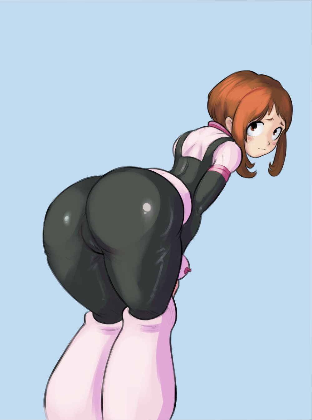 1girl ass bent_over blue_background blush_stickers bodysuit boku_no_hero_academia brown_hair cutesexyrobutts embarrassed high_res hips huge_ass large_ass looking_at_viewer looking_back my_hero_academia ochako_uraraka simple_background standing thick_thighs thighs uraraka_ochako wide_hips