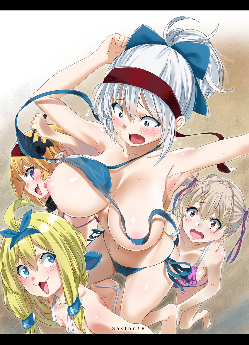 4girls :3 absurd_res ahoge armpits arms_up artist_name bare_legs big_breasts bikini blonde_hair blue_bikini blue_eyes blush bow breasts brown_eyes character_request collarbone colored derivative_work embarrassed embarrassing hair_bow hair_ornament hair_ribbon hairband high_res kibasen letterboxed light_brown_hair long_hair multiple_girls navel nipples open_mouth pointy_ears ponytail purple_eyes ribbon short_hair side-tie_bikini silver_hair small_breasts smile swimsuit twin_tails wardrobe_malfunction