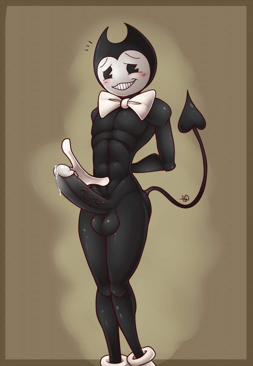 anthro bendy_(batim) bendy_(bendy_and_the_ink_machine) bendy_and_the_ink_machine big_penis devil nude pointing shy yaoi
