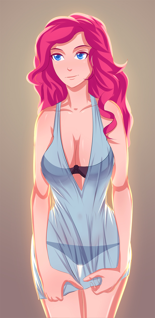 1girl blue_eyes bra female female_only friendship_is_magic humanized long_hair long_pink_hair mostly_nude my_little_pony nightgown panties pink_hair pinkie_pie pinkie_pie_(mlp) see-through solo standing v1mpaler