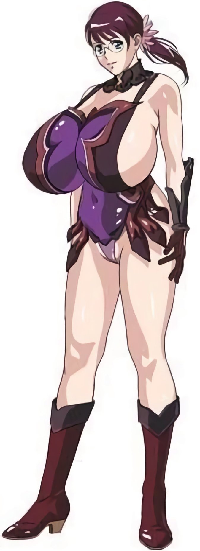 apron big_breasts black_hair blue_eyes boots cattleya gauntlets glasses milf nude_armor pink_panties ponytail purple_hair queen's_blade sexy sexy_ass sexy_body sexy_breasts