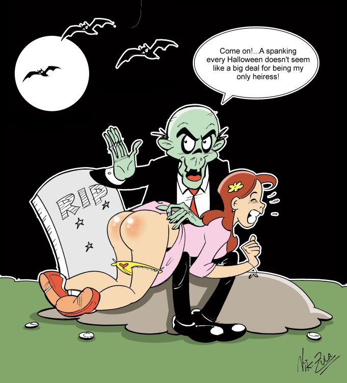 bat bent_over closed_eyes flower flying full_moon funny halloween human long_hair looking_up monster moon red_ass red_hair shiny shiny_skin smile spanking tombstone zombie