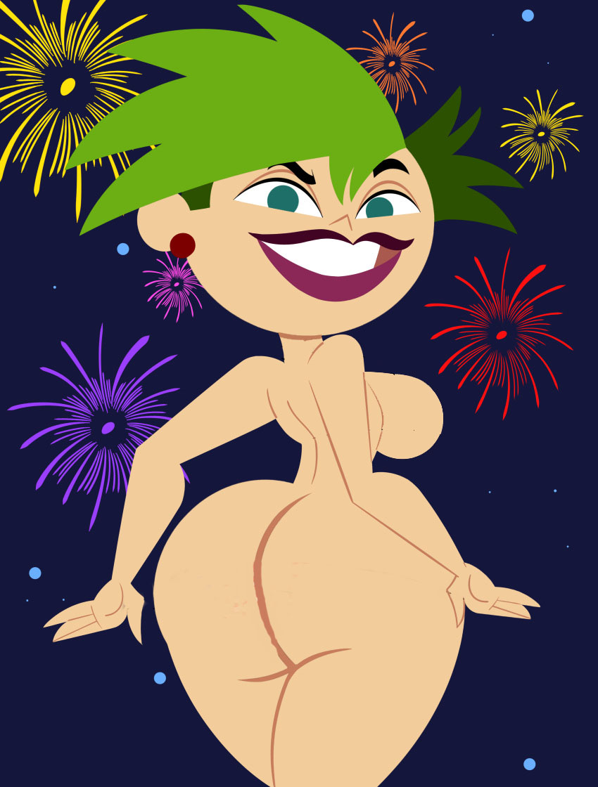ass ass_crack big_ass big_breasts breasts codykins123 earrings edit fireworks from_behind green_eyes green_hair looking_back nickelodeon nude short_hair the_x's tuesday_x wide_hips
