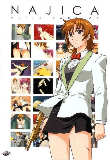 1girl :) bare_legs black_eyes black_skirt bow bowtie brown_hair character_name closed_mouth copyright_name formal gun hiiragi_najica holding holding_gun holding_weapon legs long_sleeves looking_up najica_blitz_tactics najica_hiiragi official_art pencil_skirt red_bow red_bowtie short_hair skirt smile standing suit weapon