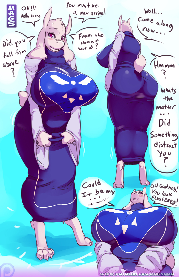 anthro ass big_ass big_breasts blush boss_monster breasts dialogue english_text fur furry gradient_background horn huge_breasts long_ears low-angle_view nipple_bulge pornomagnum purple_eyes simple_background speech_bubble sweat text toriel undertale video_games white_fur
