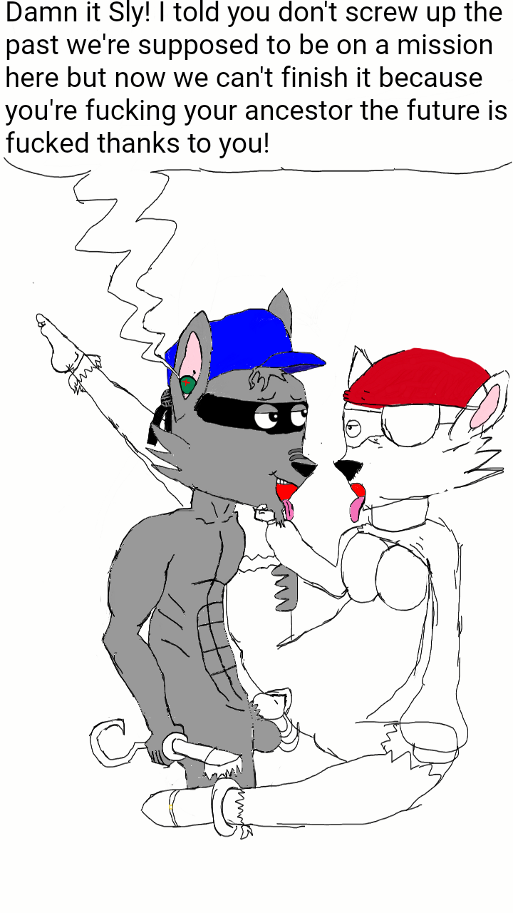 1boy 1girl ancestor anthro big_breasts big_penis big_testicles cum_in_pussy cum_string furry knot muscular raccoon sly_cooper sly_cooper_(series) time_paradox time_travel video_games