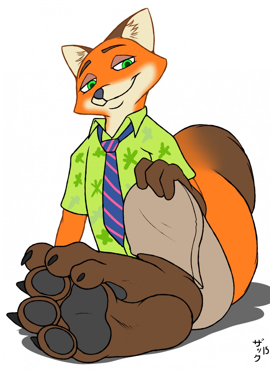 1girl 2015 3_toes anthro canine clothing disney foot_fetish foot_focus fox fur green_eyes hawaiian_shirt high_res looking_at_viewer male mammal neck_tie nick_wilde pawpads paws red_fur shirt sitting smile smirk toepad toepads toes zootopia zp92