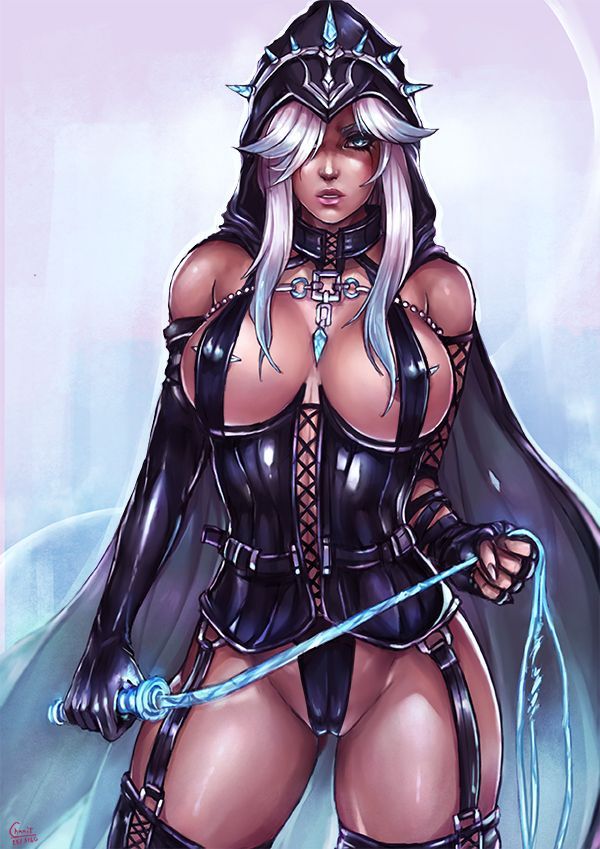 1girl areola_slip areolae ashe asymmetrical_gloves black_gloves black_legwear blue_eyes breasts cape corset cowboy_shot dark_skin dominatrix elbow_gloves fingerless_gloves garter_straps gloves groin hair_over_one_eye hood kachima large_breasts league_of_legends looking_at_viewer parted_lips partially_visible_vulva silver_hair solo spikes thighhighs whip