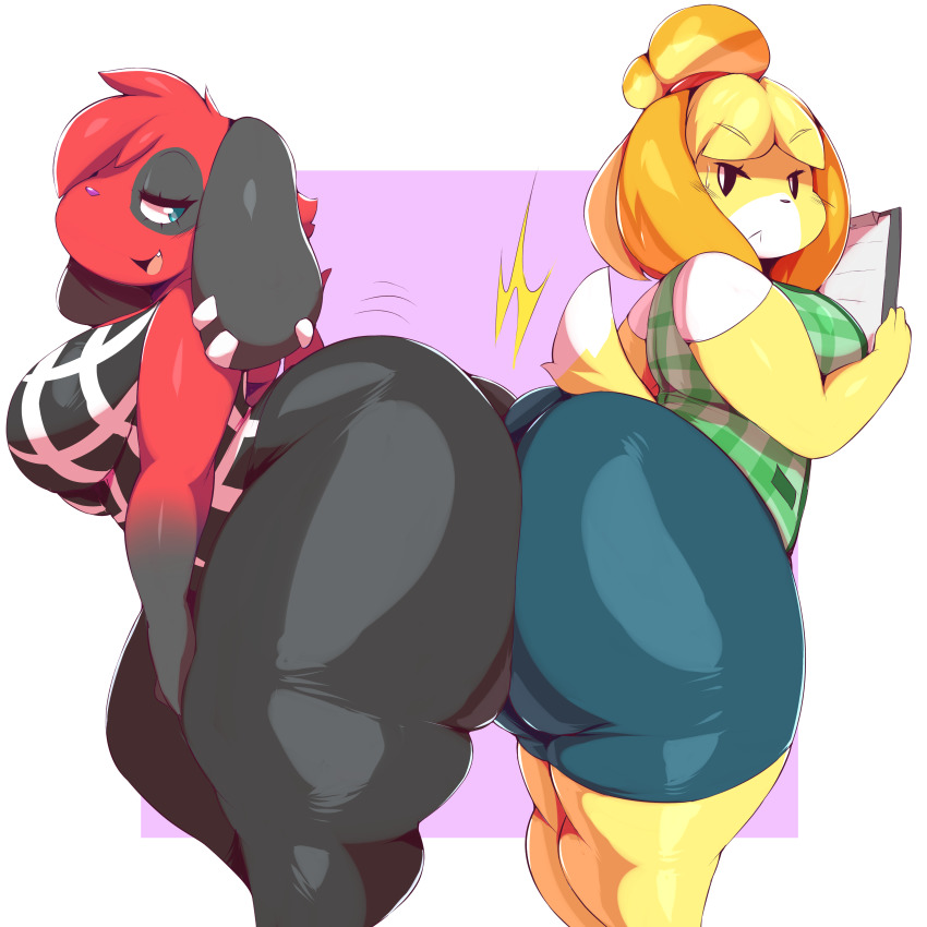 2_girls angry animal_crossing ass ass_to_ass big_ass big_breasts breasts cherry_(animal_crossing) furry huge_ass isabelle_(animal_crossing) looking_at_another nintendo smile tail trinity-fate62