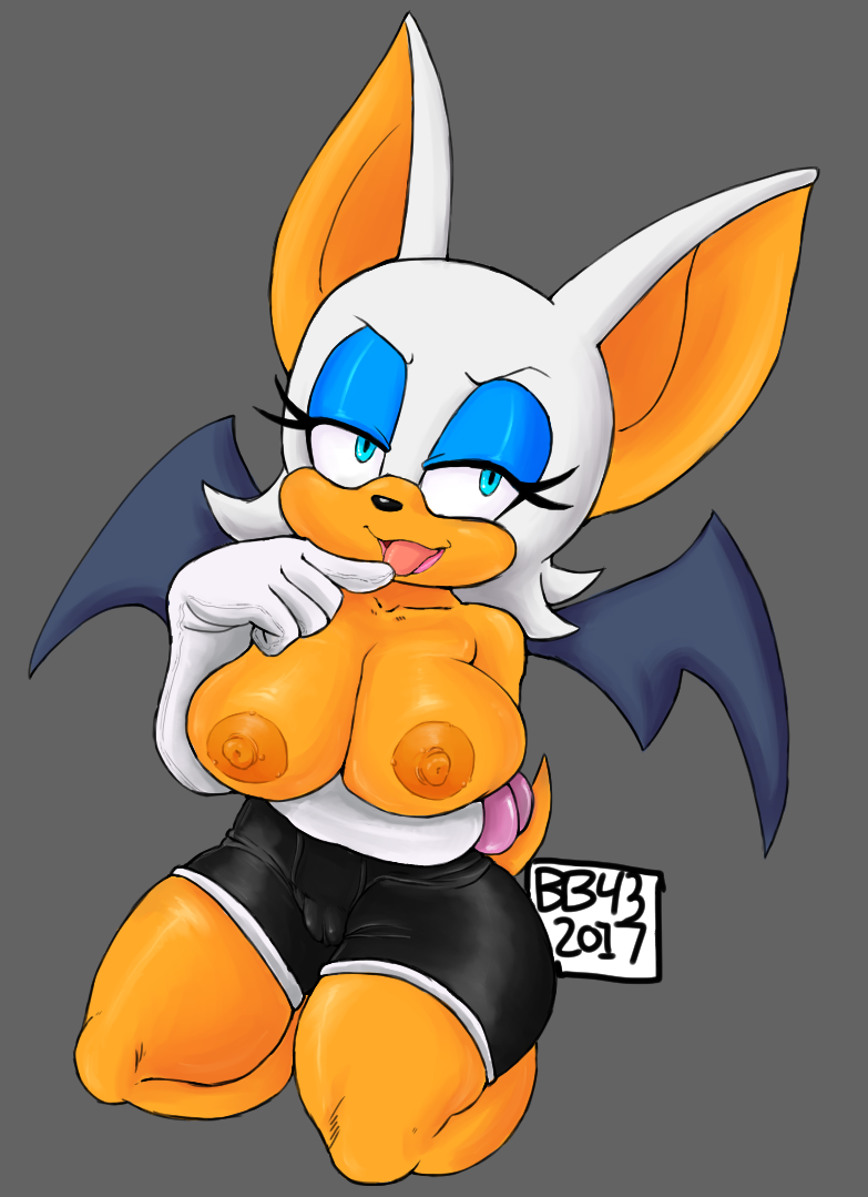 1girl 2017 anthro bat black_nose blue_eyes breasts bullet43 cameltoe clothed clothing eyelashes female female_only fur furry gloves grey_background huge_breasts large_breasts mammal nipples partially_clothed raised_eyebrow rouge_the_bat sega simple_background smile sonic_(series) tongue tongue_out topless white_fur wings