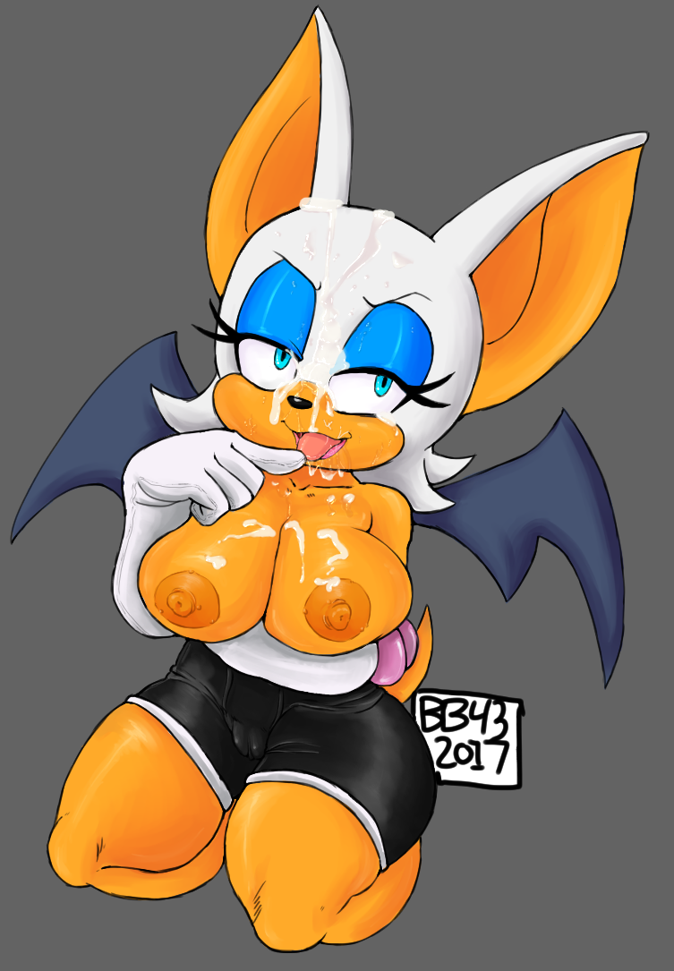 1girl 2017 anthro bat black_nose blue_eyes breasts bullet43 cameltoe clothed clothing cum cum_on_breasts cum_on_face eyelashes facial female female_only fur furry gloves grey_background huge_breasts large_breasts mammal nipples raised_eyebrow rouge_the_bat sega simple_background smile sonic_(series) tongue tongue_out topless white_fur wings