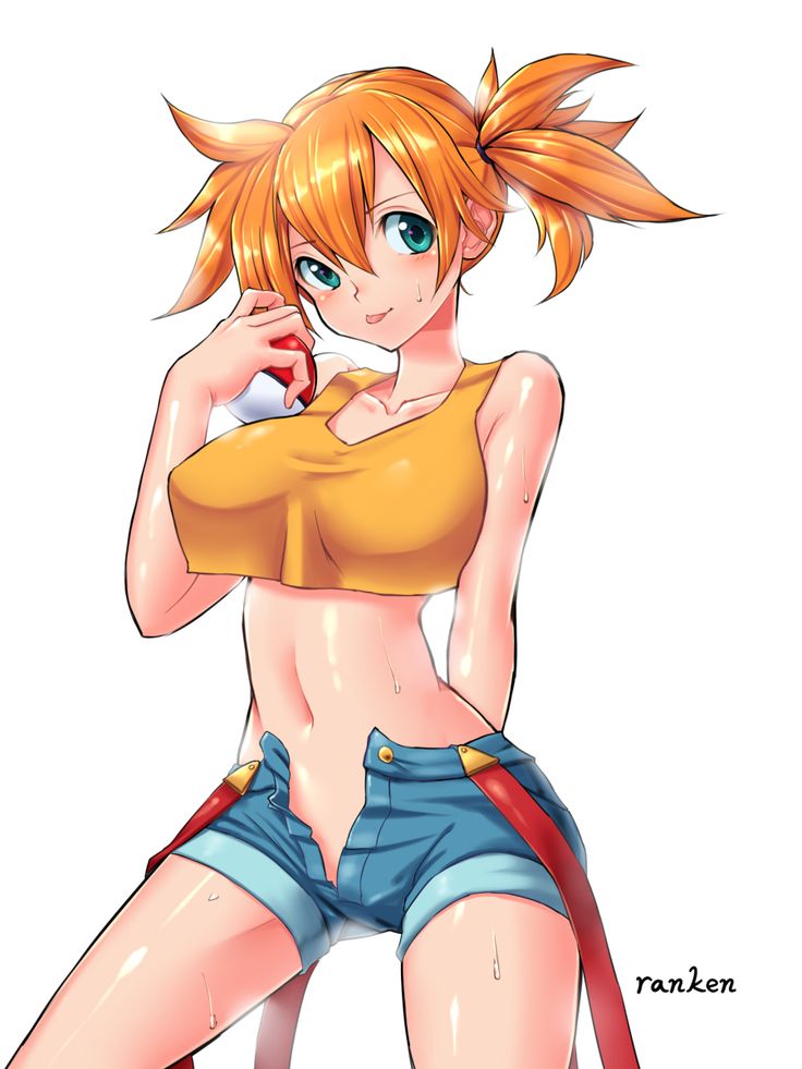 1girl :p arm_behind_back artist_name beautiful big_breasts blush breasts cute hair looking_at_viewer misty open_fly orange_hair poke_ball pokemon ranken short_hair smile tongue tongue_out