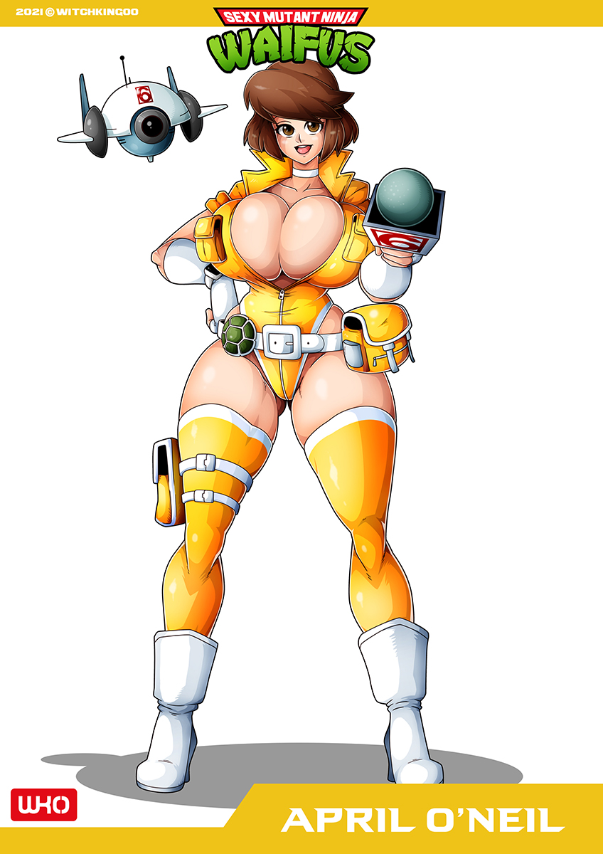 1girl 1girl april_o'neil april_o'neil_(tmnt_1987) belt big_breasts brown_hair choker cleavage drone female_only high_heel_boots huge_breasts leotard microphone short_hair solo_female solo_focus standing stockings tagme teenage_mutant_ninja_turtles thigh_strap tmnt_1987 video_game_character video_game_franchise witchking00 yellow_legwear
