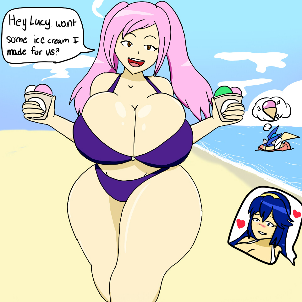 2_girls ambiguous_gender bare_shoulders beach belly bikini blue_eyes blue_hair blush breasts cleavage closed_eyes crossover day eyelashes fire_emblem fire_emblem:_awakening food frog heart holding huge_breasts human ice_cream igphhangout long_hair lucina midriff multiple_girls navel ocean outside pink_hair pokemon pokemon_xy red_eyes robin_(fire_emblem) sand sky smile standing super_smash_bros. teeth thick_thighs thinking tied_hair twin_tails water wide_hips