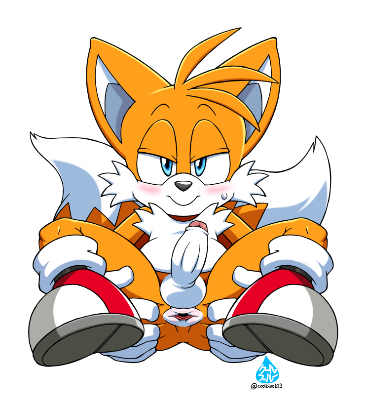 1boy asking_for_it bedroom_eyes blue_eyes blush chest_tuft coolblue erection eyebrows fox gaping_anus gloves half-closed_eyes humanoid_penis legs_up miles_"tails"_prower multiple_tails presenting_anus sega shoes smile spread_anus sweat tail testicles