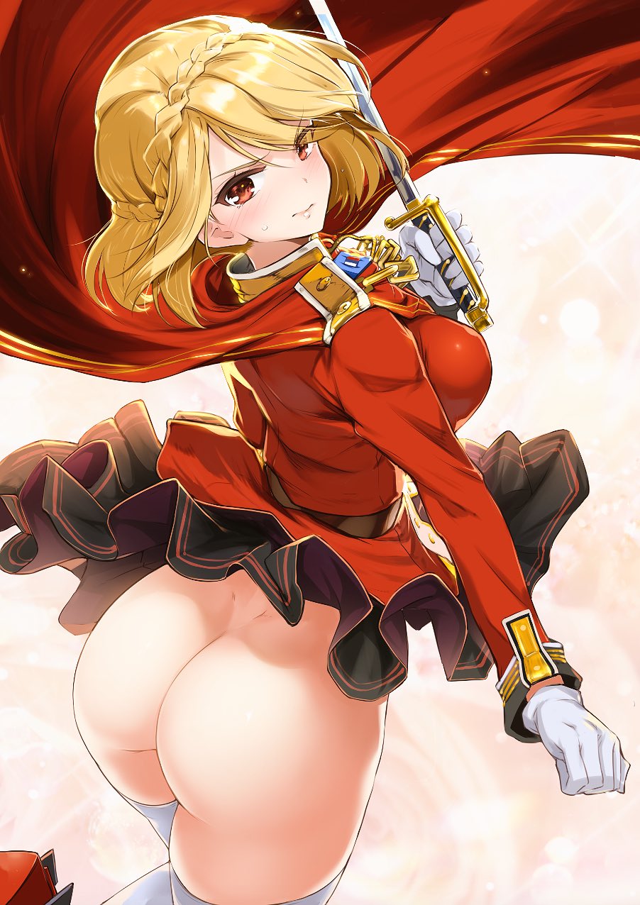 1girl 1girl 1girl 3: ass azur_lane bangs blonde blush bottomless braid breasts cape closed_mouth crown_braid dimples_of_venus embarrassed from_behind gloves gluteal_fold high_resolution long_sleeves medium_breasts nopan nylon posterior_cleavage prince_of_wales_(azur_lane) red_eyes short_hair simple_background skirt skirt_lift stockings sweatdrop swept_bangs sword tied_hair weapon white_gloves white_legwear wind wind_lift