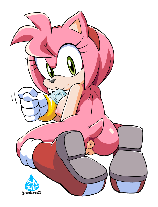 1girl 1girl amy_rose anus areola asking_for_it ass boots bracelet breasts condom_in_mouth coolblue eyelashes fig_sign gloves green_eyes hairband hedgehog kneel looking_at_viewer looking_back mostly_nude nipples pussy rear_view sega smile