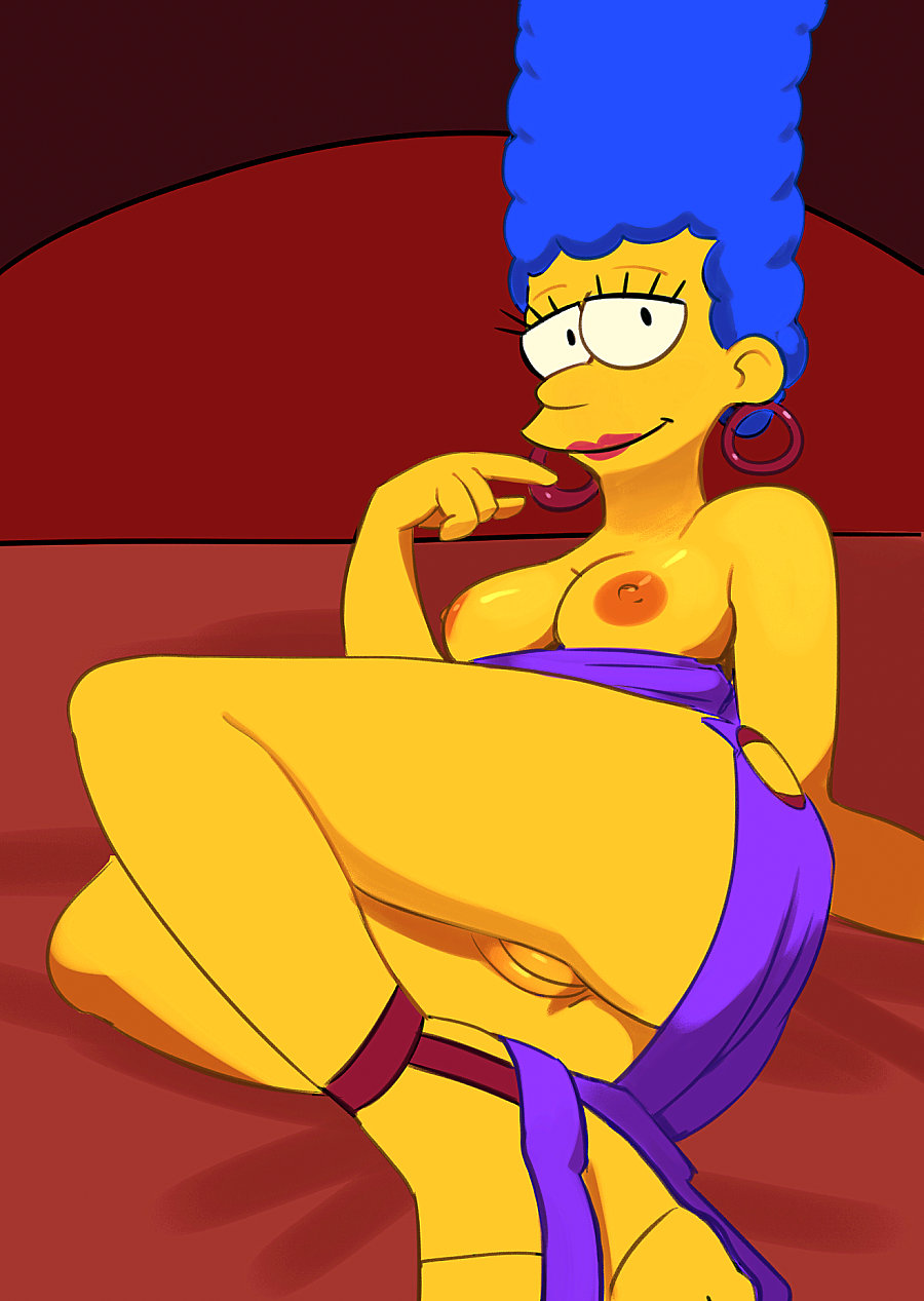breasts dress marge_simpson nipples shaved_pussy smile the_simpsons thighs