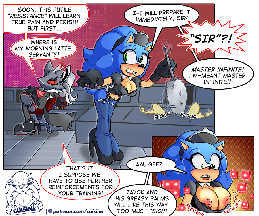 anthro breast_expansion breasts cleavage clothed clothing comic crossgender cuisine dialogue furry hedgehog infinite_(sonic) jackal maid_uniform sega sonic_forces sonic_the_hedgehog sonica_the_hedgehog sweat uniform