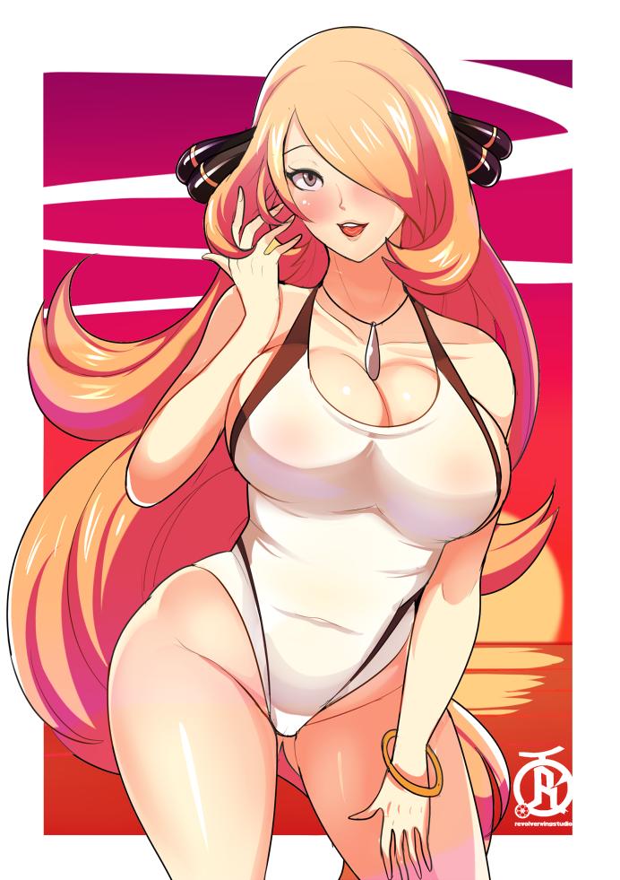 1_girl 1girl alternate_breast_size alternate_eye_color ass belly big_ass big_breasts blonde blonde_hair blush bracelet breasts brown_eyes cameltoe cleavage clothed cynthia cynthia_(pokemon) female female_human female_only hair_ornament hair_over_one_eye half-closed_eyes highleg_swimsuit huge_breasts human long_blonde_hair long_hair looking_at_viewer mostly_nude navel necklace nintendo one-piece_swimsuit orange_background pokemon pokemon_dppt revolverwingstudios shirona_(pokemon) sideboob skin_tight smile solo swimsuit text thick_thighs thigh_gap very_long_hair watermark white_border white_swimsuit wide_hips