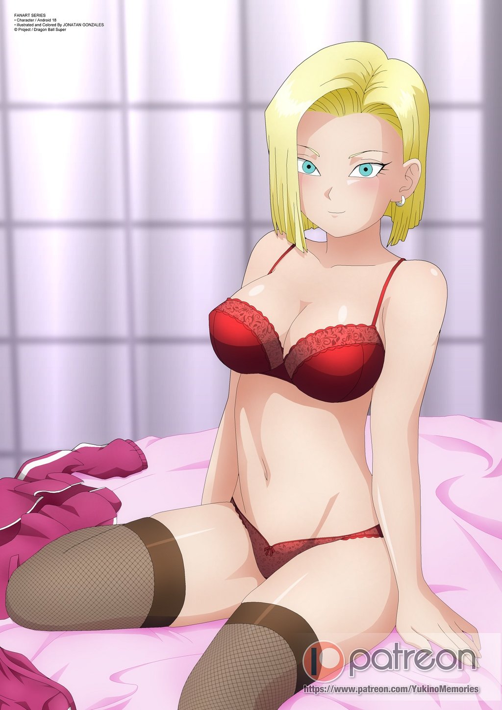 android_18 bed bedroom bra dragon_ball_super dragon_ball_z lingerie looking_at_viewer panties red-panties red_bra sitting smile zel-sama