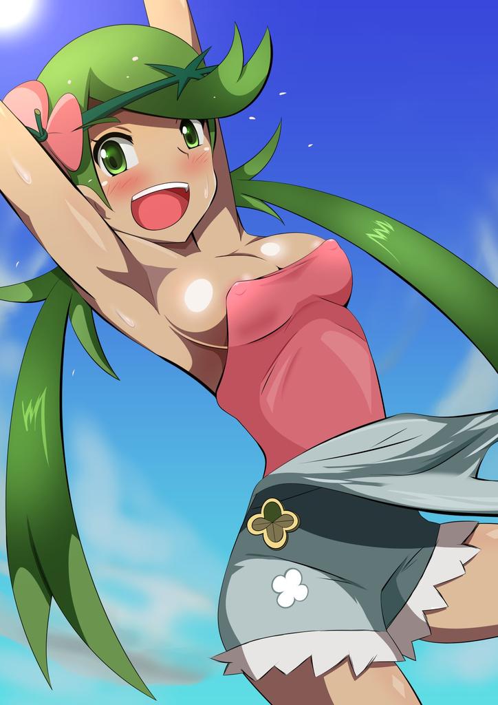 :d arm_up armpits arms_up artist_request blush cleavage embarrassed erect_nipples flying_sweatdrops looking_at_viewer mallow mallow_(pokemon) mao_(pokemon) medium_breasts nipples overalls overalls_removed pokemon pokemon_(game) pokemon_sm smile strap_slip sweatdrop