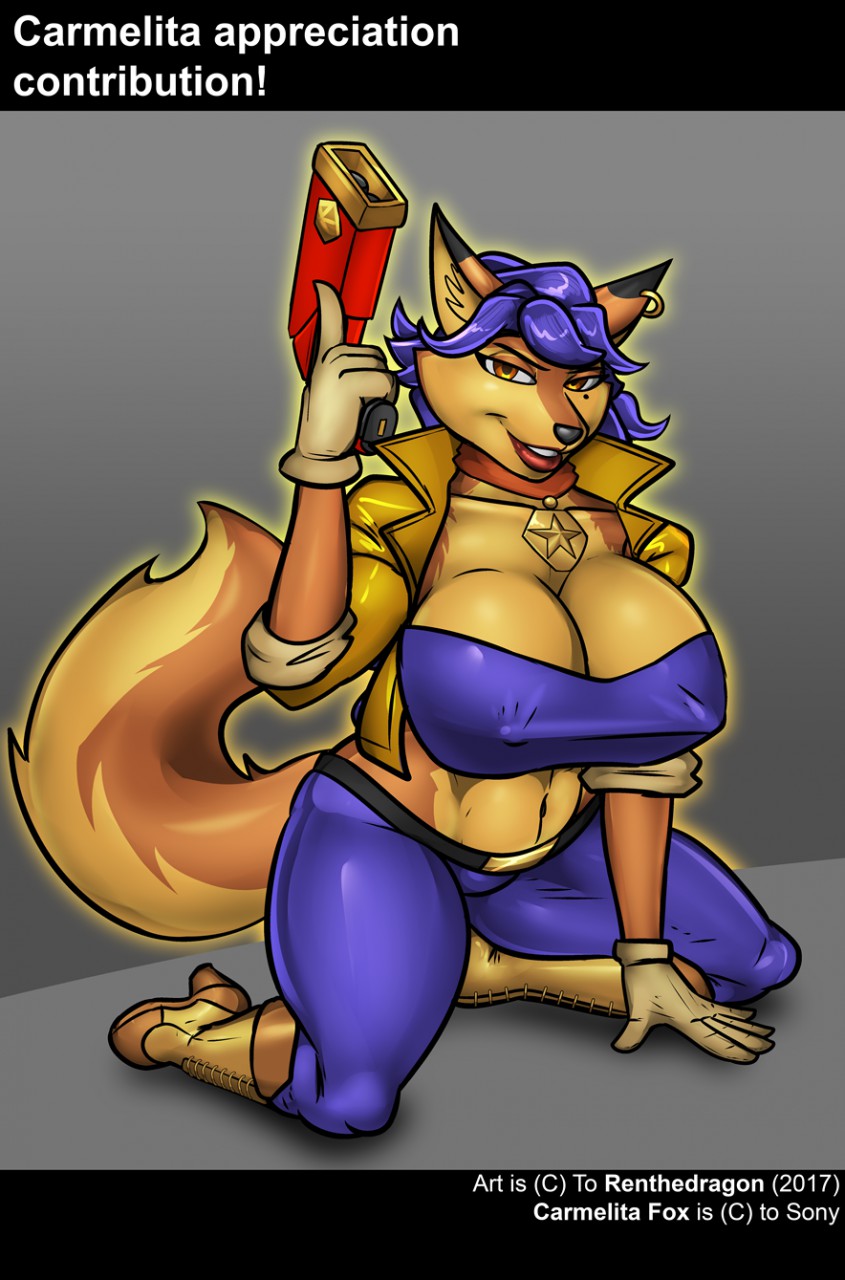 1girl 1girl 2017 amber_eyes anthro big_breasts breasts canine carmelita_fox cleavage clothed clothing ear_piercing english_text fox furry gloves gun handgun high_heeled_boots holding_object holding_weapon huge_breasts kneel looking_at_viewer mammal midriff navel nipple_bulge open_jacket piercing pistol ranged_weapon renthedragon sly_cooper_(series) smile text video_games weapon