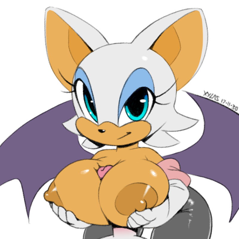 1boy 1girl 2017 anthro areola bat bat_wings big_areola breasts clothed clothing digital_media_(artwork) duo eyelashes furry huge_breasts large_breasts looking_at_viewer makeup male male/female mammal mascara membranous_wings paizuri penis rouge_the_bat sega sex simple_background smile smirk solo_focus sonic_(series) topless white_background wings xylas