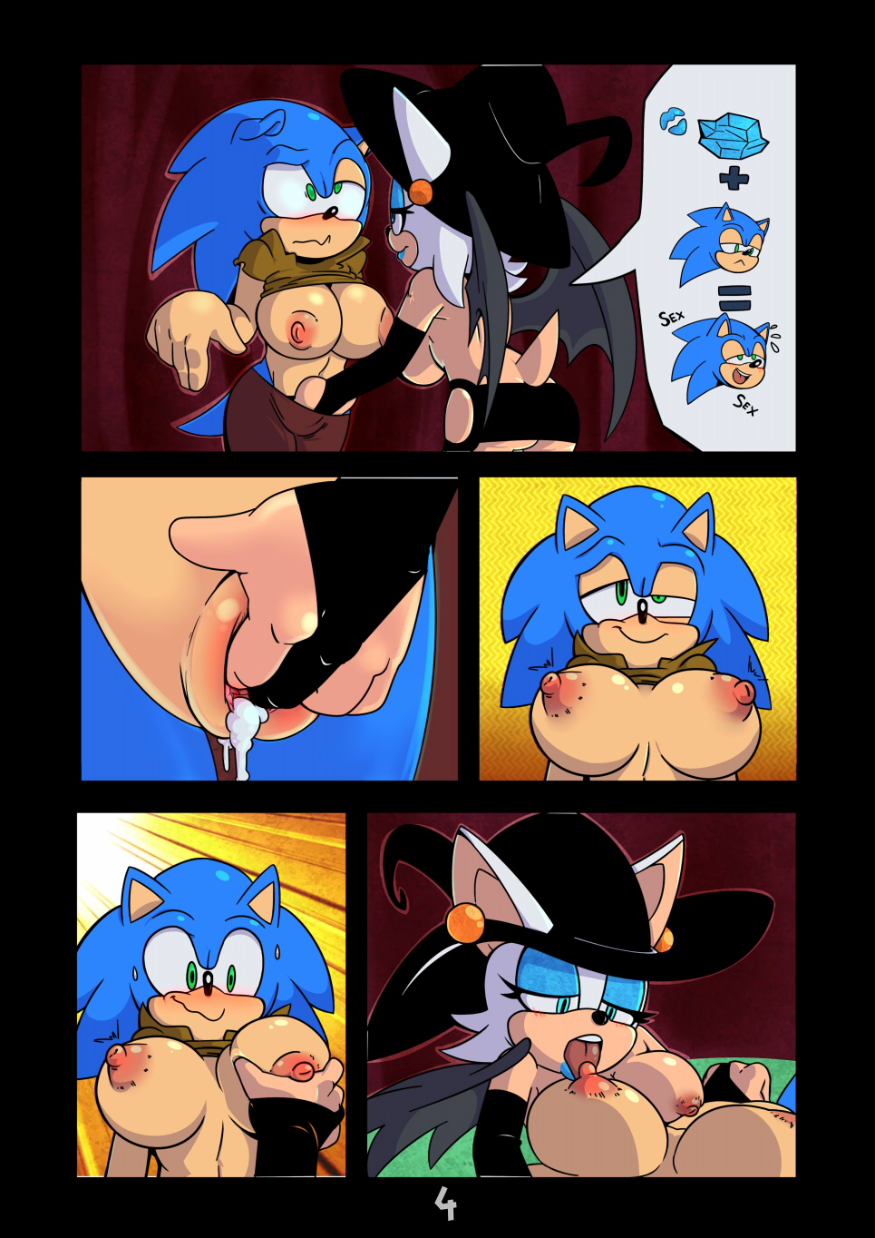 anthro armwear bat big_breasts blue_eyes blue_lipstick blush breast_grab breasts clothed clothing cuisine elbow_gloves fingering furry gloves green_eyes hand_on_breast hat hedgehog licking mammal nipple_lick nipples rouge_the_bat sega skimpy sonic_the_hedgehog tongue tongue_out vaginal vaginal_fingering witch_hat