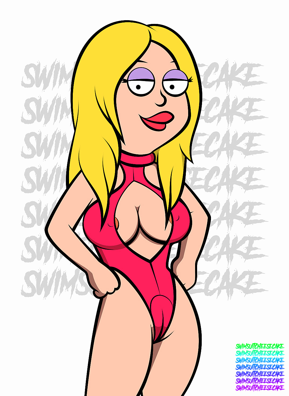 american_dad big_breasts cameltoe francine_smith hands_on_hips nipples smile swimsuit