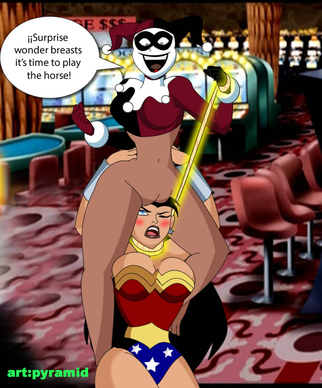 absurd_res dc_comics dialogue girl_on_top harley_quinn lasso pussy pyramid_(artist) surprised wonder_woman