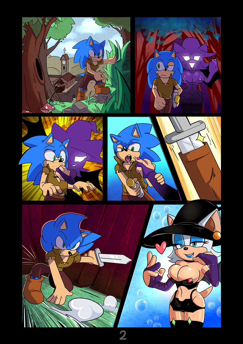 1girl anthro armwear bat blue_eyes breasts clothed clothing cuisine elbow_gloves furry gloves green_eyes hat hedgehog legwear male mammal melee_weapon rouge_the_bat sega skimpy sonic_the_hedgehog stockings sword weapon witch_hat