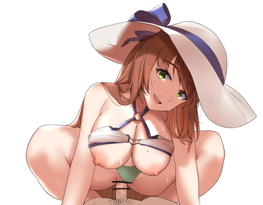 1boy 1girl bar_censor big_breasts bikini_aside bikini_lift breasts brown_hair censored cleavage clothed_sex clothes_lift clothing_aside cowgirl_position eyebrows_visible_through_hair girls_frontline green_eyes hat hat_ribbon high_res kaicchi long_hair male/female male_pubic_hair nipples official_alternate_costume pov pubic_hair ribbon smile solo_focus spread_legs springfield_(girls_frontline) straddling straight swimsuit swimsuit_aside vaginal very_long_hair