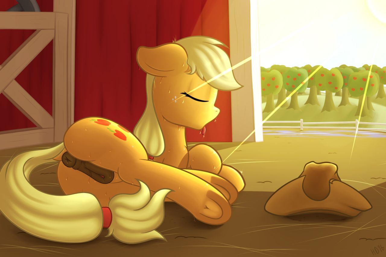 applejack barn blonde_hair closed_eyes cutie_mark hats hay laying_down mane my_little_pony nude pussy sunlight sunshine sweatdrop tongue tongue_out