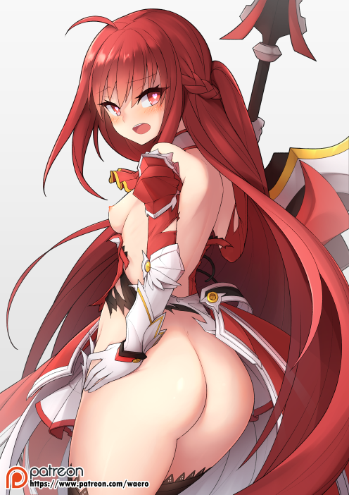 1girl 1girl 1girl ass back black_legwear blush breasts cape elesis_(elsword) elsword gloves heart heart-shaped_pupils holding holding_weapon long_hair nipples open_mouth polearm red_eyes red_hair shield sideboob small_breasts spear stockings symbol-shaped_pupils teeth torn_clothes waero watermark weapon web_address white_gloves
