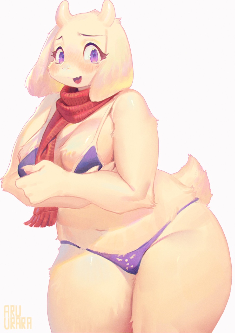 1girl 2017 anthro aruurara bikini boss_monster breasts caprine clothing furry goat high_res horn long_ears looking_at_viewer mammal navel purple_eyes scarf simple_background swimsuit toriel undertale video_games white_background
