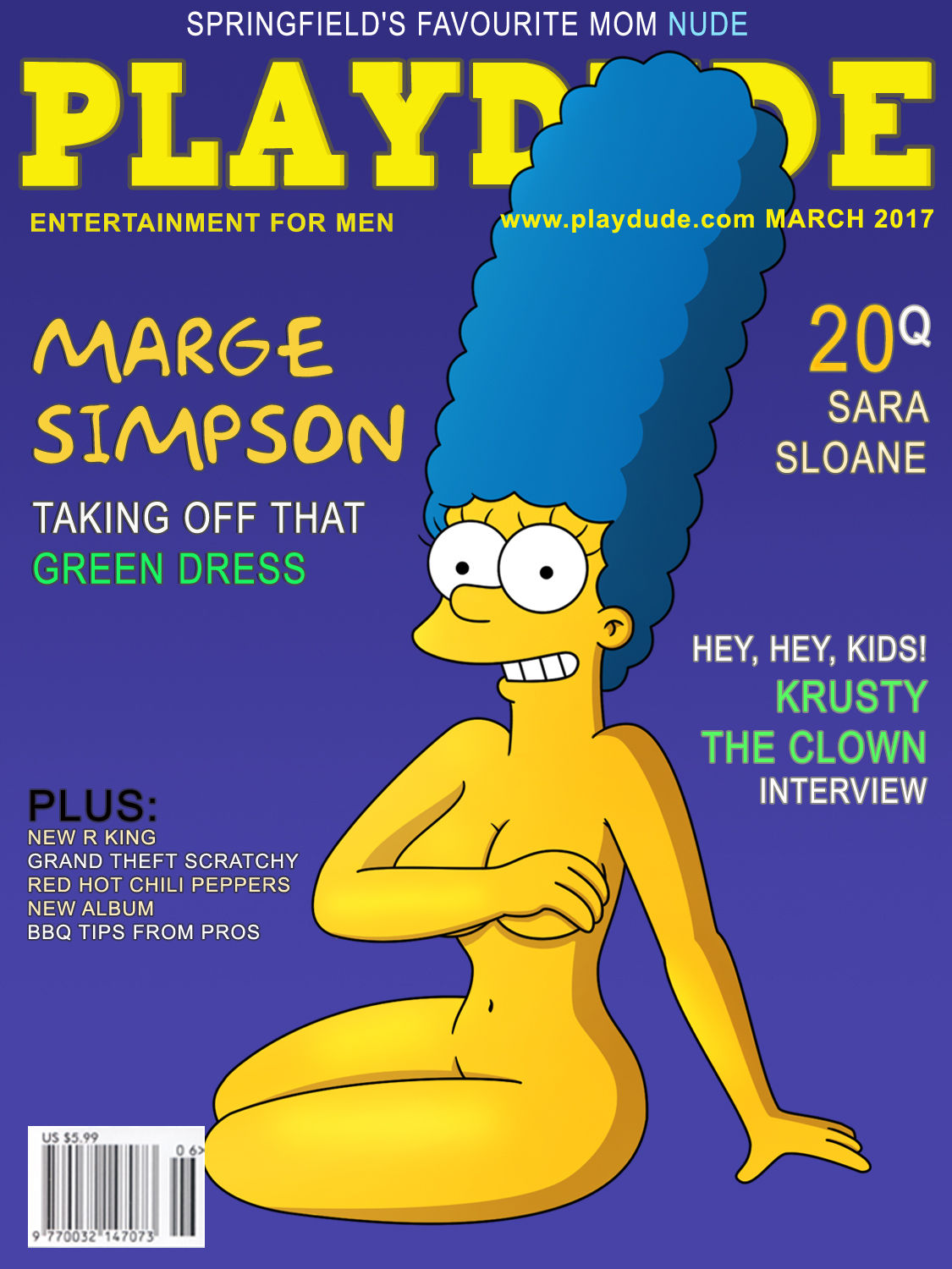 arm_crossed ass barcode big_breasts blue_hair breasts cleavage green_dress hand_bra interview krusty_the_clown magazine_cover marge_simpson milf no_nipples nude price_tag pussy smile the_simpsons yellow_skin