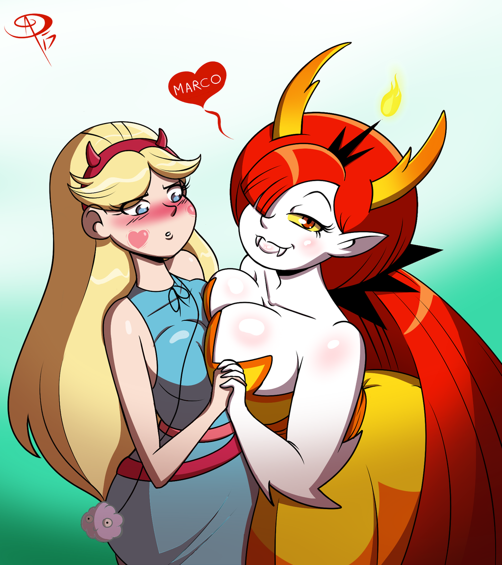 2017 2_girls blonde_hair blush breast_press breasts breasts_press character_name cleavage deviantart embarrassed frostbiteboi hair_over_one_eye half-closed_eyes heart hekapoo holding_hands interlocked_fingers jealous large_breasts long_hair looking_at_another looking_at_viewer medium_breasts multiple_girls nose_blush raised_eyebrow red_hair redhead signature star_butterfly star_vs_the_forces_of_evil