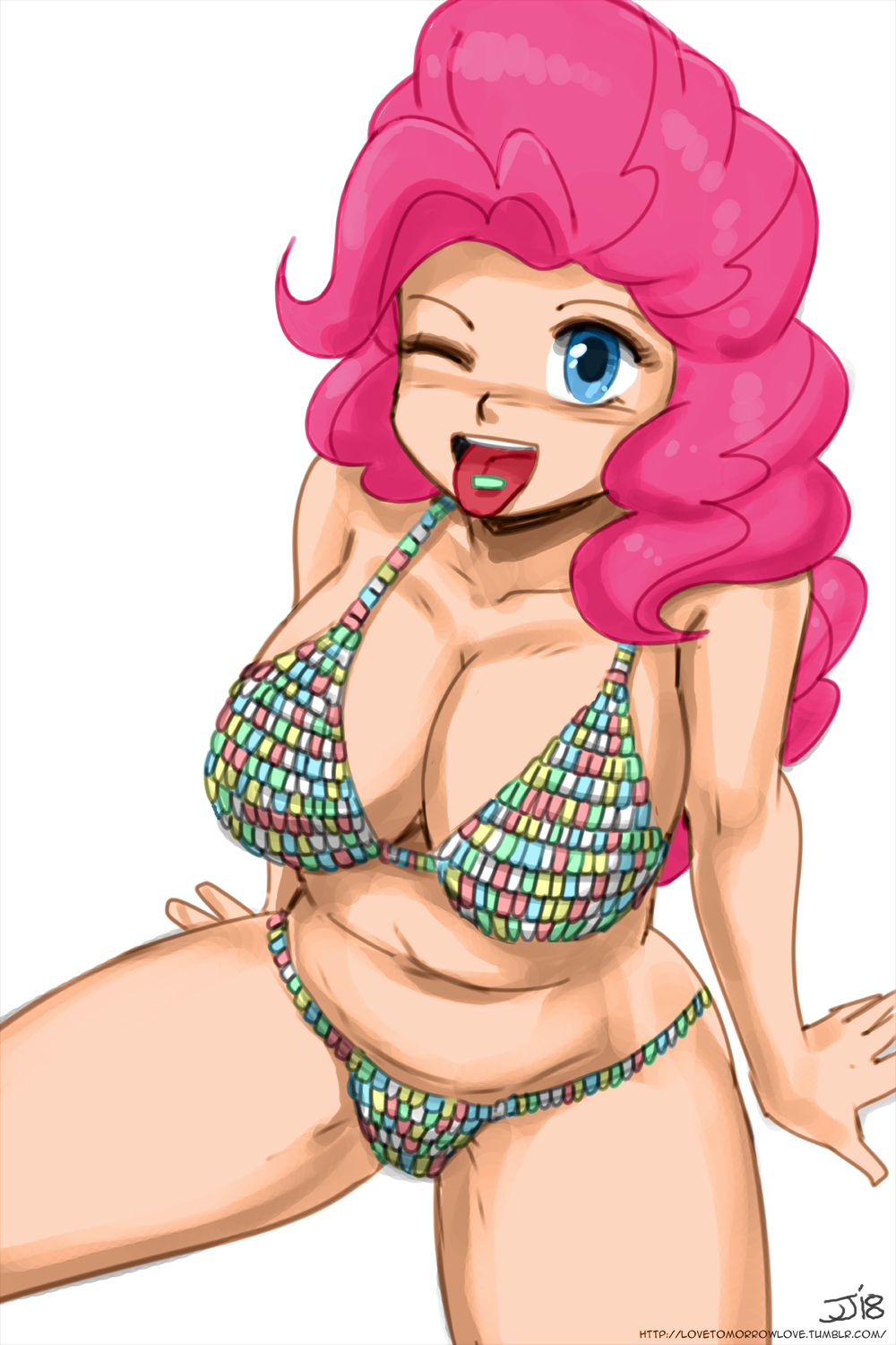 1_girl 1girl 2018 blue_eyes bra female female_only friendship_is_magic humanized john_joseco long_hair long_pink_hair looking_at_viewer mostly_nude my_little_pony one_eye_closed open_mouth panties pink_hair pinkie_pie pinkie_pie_(mlp) solo tongue_out underwear