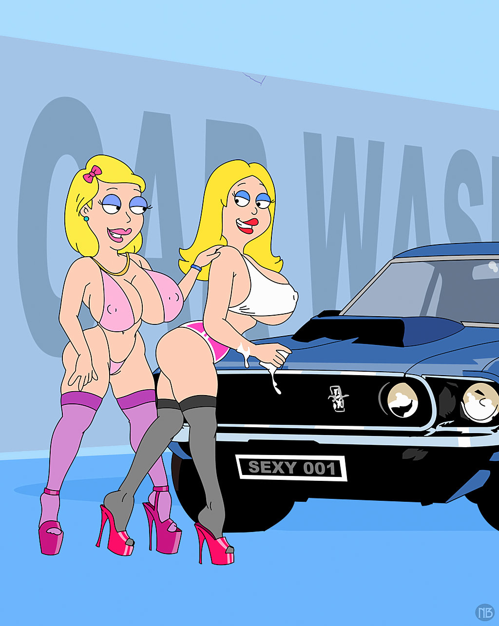 american_dad car_wash francine_smith high_heels huge_breasts nano_baz nipples stockings thong