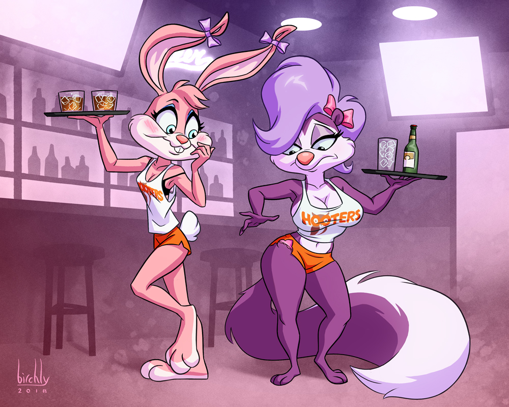 1girl 2018 alcohol anthro artbirchly_(artist) babs_bunny bar barefoot beverage blush bottle breasts buckteeth cleavage clothed clothing digital_media_(artwork) drinks duo ear_bow eyelashes fifi_la_fume fur furry glass hair hair_bow hair_ribbon hooters hooters_uniform inside lagomorph looking_back mammal midriff navel neon pink_fur purple_fur purple_hair restaurant ribbons shirt shorts skimpy skunk smile standing teeth television tiny_toon_adventures torn_clothes tray waiter waitress warner_brothers wide_hips