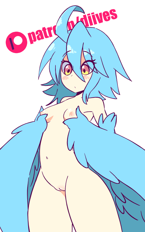 1girl 1girl 1girl :o ahoge bangs blush breasts completely_nude cowboy_shot diives eyebrows_visible_through_hair eyes_visible_through_hair feathers gif gif hair_between_eyes harpy heart looking_down monster_girl monster_musume_no_iru_nichijou navel nipples nude papi_(monster_musume) parted_lips patreon_logo patreon_username pussy short_hair simple_background small_breasts standing thighs white_background yellow_eyes
