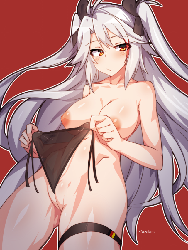 1girl 1girl azalanz azur_lane big_breasts blush breasts grey_hair hair_ornament holding_object long_hair looking_at_viewer navel nipples nude prinz_eugen_(azur_lane) pussy red_background