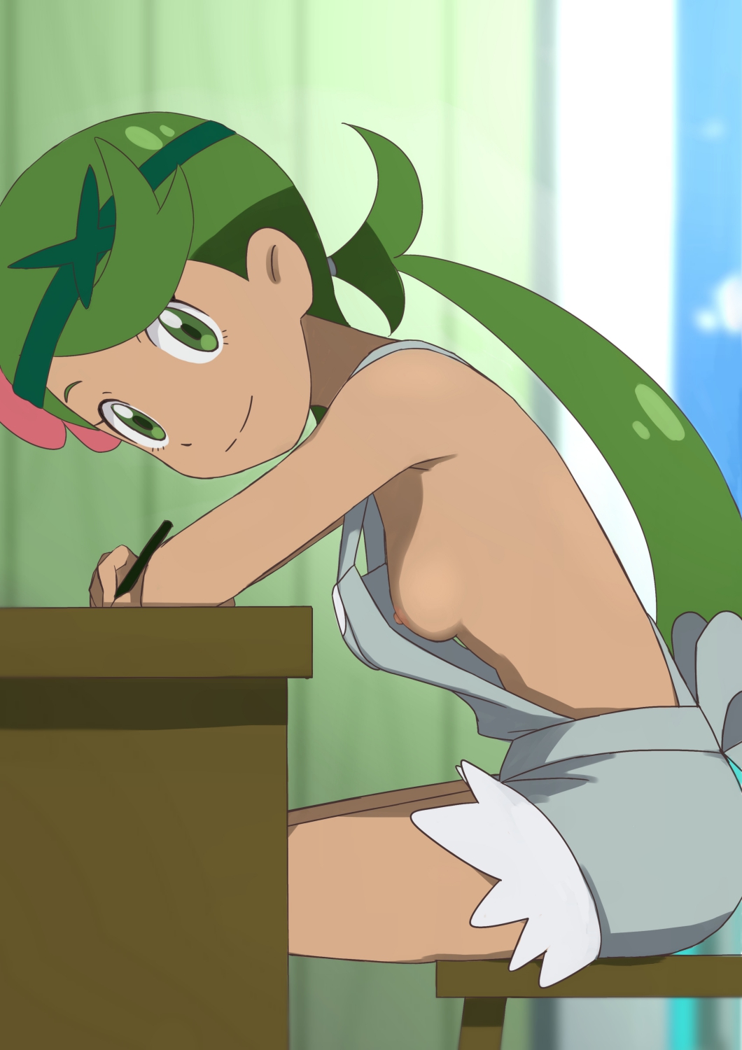 1girl :) bangs bare_arms blush breasts classroom cute dark_skin day desk flower green_eyes green_hair hair_flower hair_ornament high_resolution in_profile looking_at_viewer low_twintails mallow mallow_(pokemon) meronshiroppu naked_overalls nipples no_bra overalls pokemon pokemon_(anime) pokemon_character pokemon_sm sideboob sitting small_breasts smile swept_bangs tied_hair trial_captain twin_tails