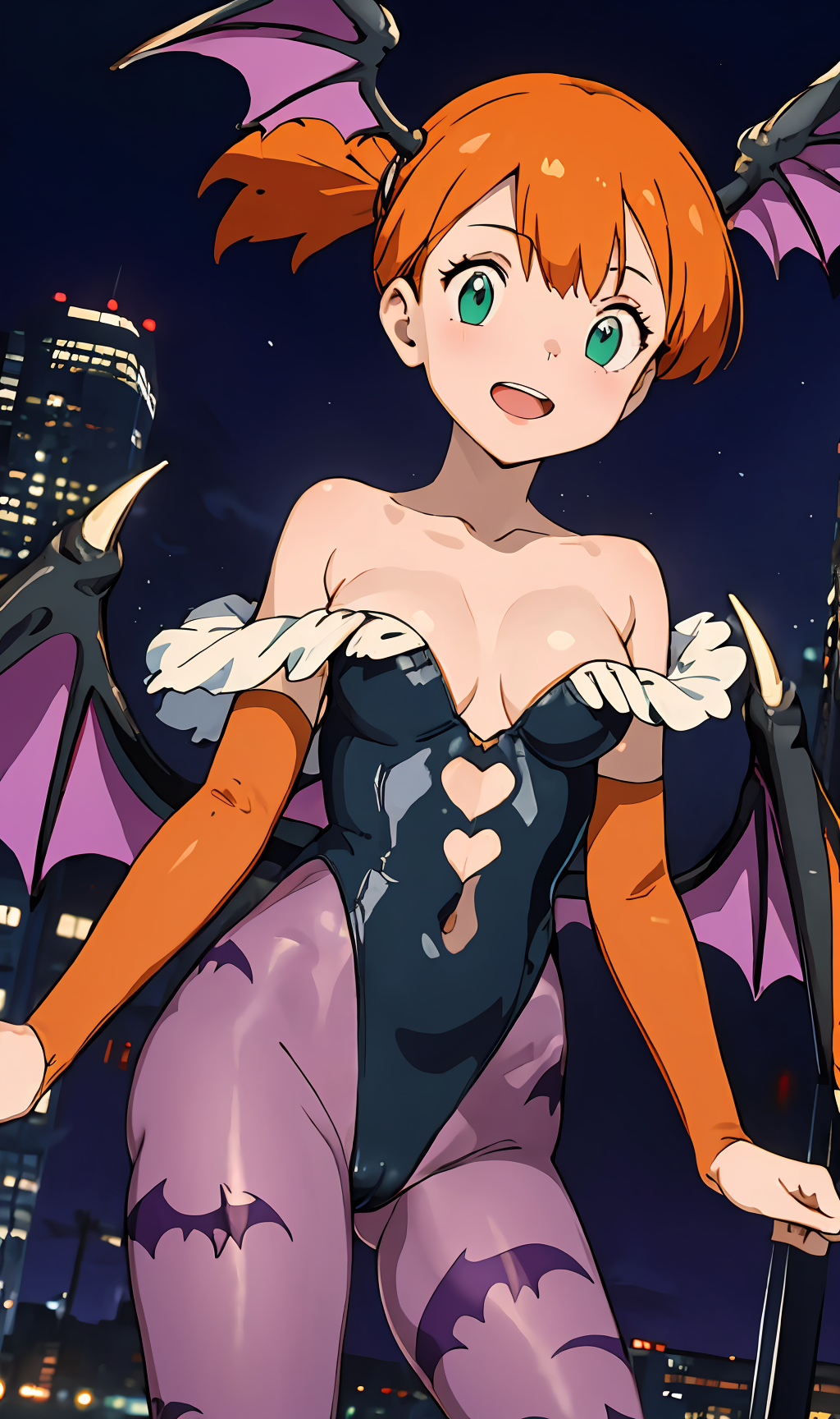ai_generated cameltoe cityscape creatures_(company) female_focus game_freak green_eyes gym_leader halloween halloween_costume hat high_res kasumi_(pokemon) morrigan_aensland_(cosplay) night night_sky nintendo open_mouth orange_hair pokemon pokemon_(anime) ponytail sky small_breasts succubus tied_hair younger_female
