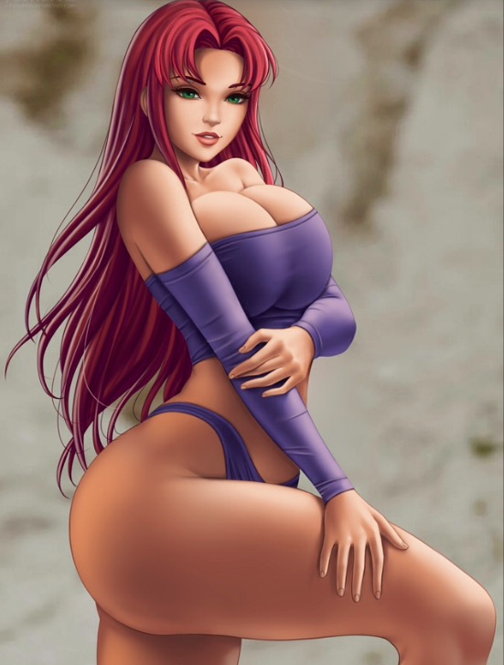 1girl alien alien_girl alluring big_breasts breasts caucasian cleavage clothed curvy dc_comics flowerxl green_eyes hand_on_thigh koriand'r legs long_hair looking_at_viewer milf outside panties parted_lips posing purple_clothes red_hair redhead revealing_clothes sexy skin_tight sleeves slut standing starfire stomach teen_titans thick thick_thighs thong wide_hips