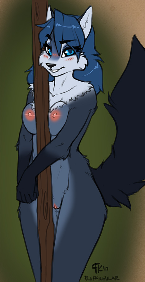 1girl 2017 anthro bianca_(sheep_and_wolves) blue_body blue_eyes blue_fur blue_hair blush breasts canid canine canis female_only fluff-kevlar fur genitals hair looking_at_viewer mammal nipples nude pole pussy russian sheep_and_wolves smile solo_female tuft wizart wolf